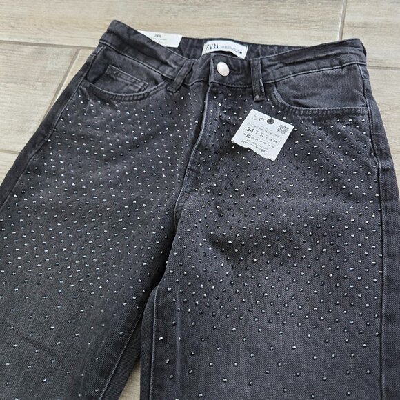 NWT Zara The Slim Rhinestone Black Studded Jeans Slim Fit 2 - Picture 2 of 10